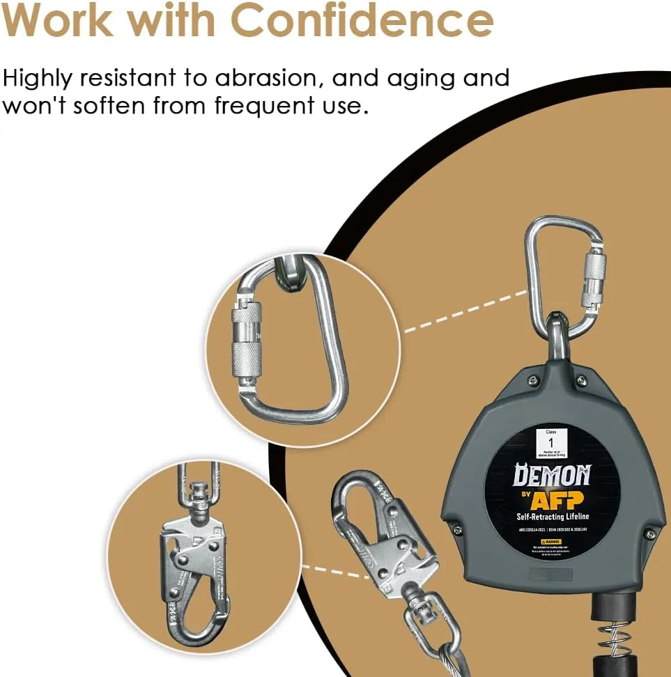 AFP Demon 20 FT Single Leg Self-Retracting Lifeline Cable Retractable | Steel Locking Snap Hook | Safety Yoyo | Fall Protection Arrest Limiter | Construction Industrial | OSHA & ANSI Rated SRL