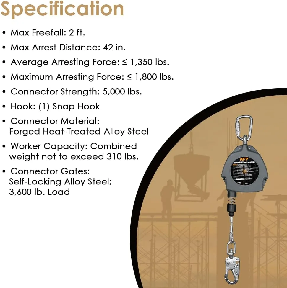AFP Demon 20 FT Single Leg Self-Retracting Lifeline Cable Retractable | Steel Locking Snap Hook | Safety Yoyo | Fall Protection Arrest Limiter | Construction Industrial | OSHA & ANSI Rated SRL