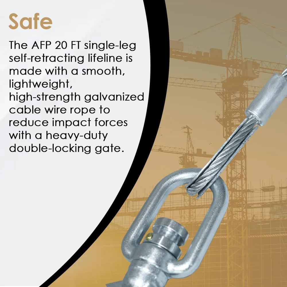 AFP Demon 20 FT Single Leg Self-Retracting Lifeline Cable Retractable | Steel Locking Snap Hook | Safety Yoyo | Fall Protection Arrest Limiter | Construction Industrial | OSHA & ANSI Rated SRL