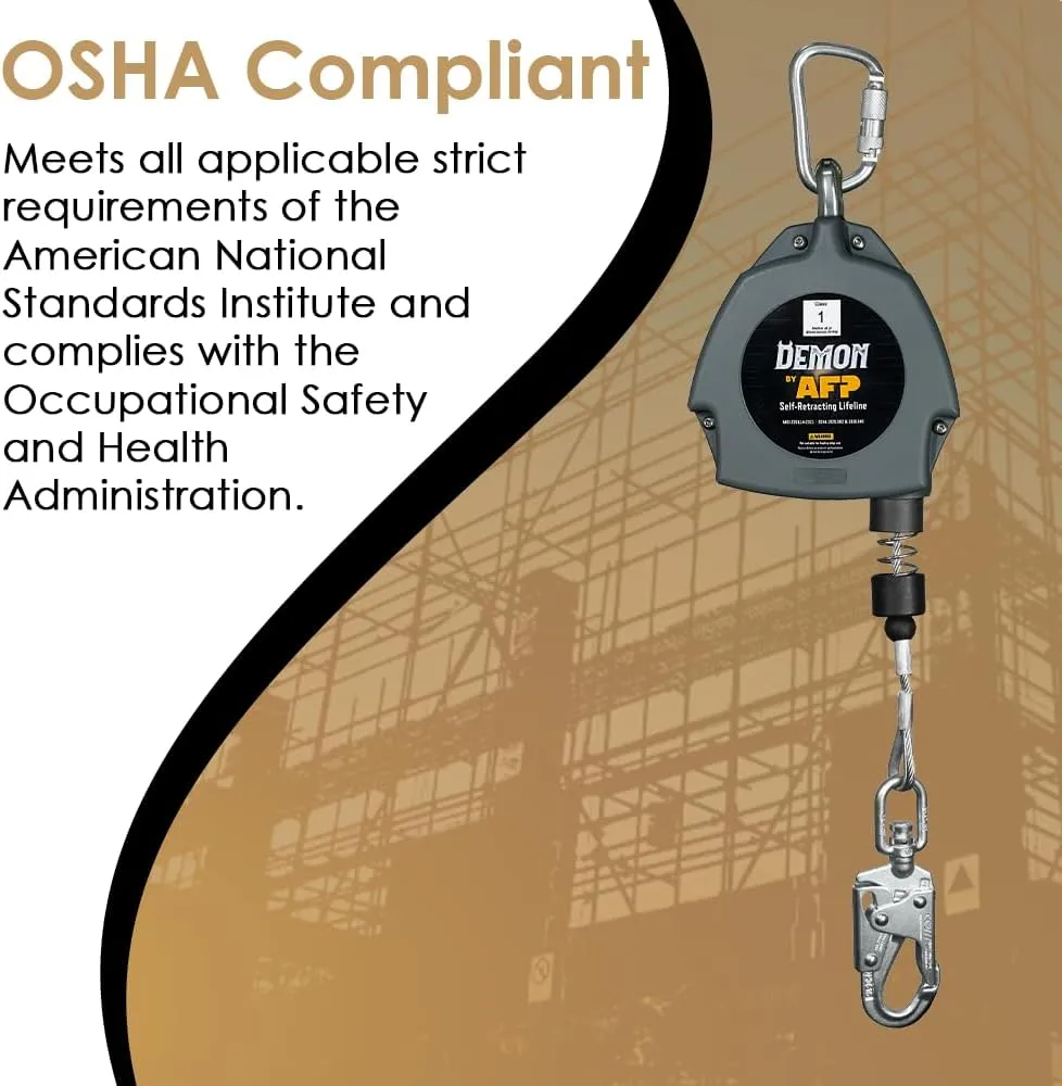 AFP Demon 20 FT Single Leg Self-Retracting Lifeline Cable Retractable | Steel Locking Snap Hook | Safety Yoyo | Fall Protection Arrest Limiter | Construction Industrial | OSHA & ANSI Rated SRL