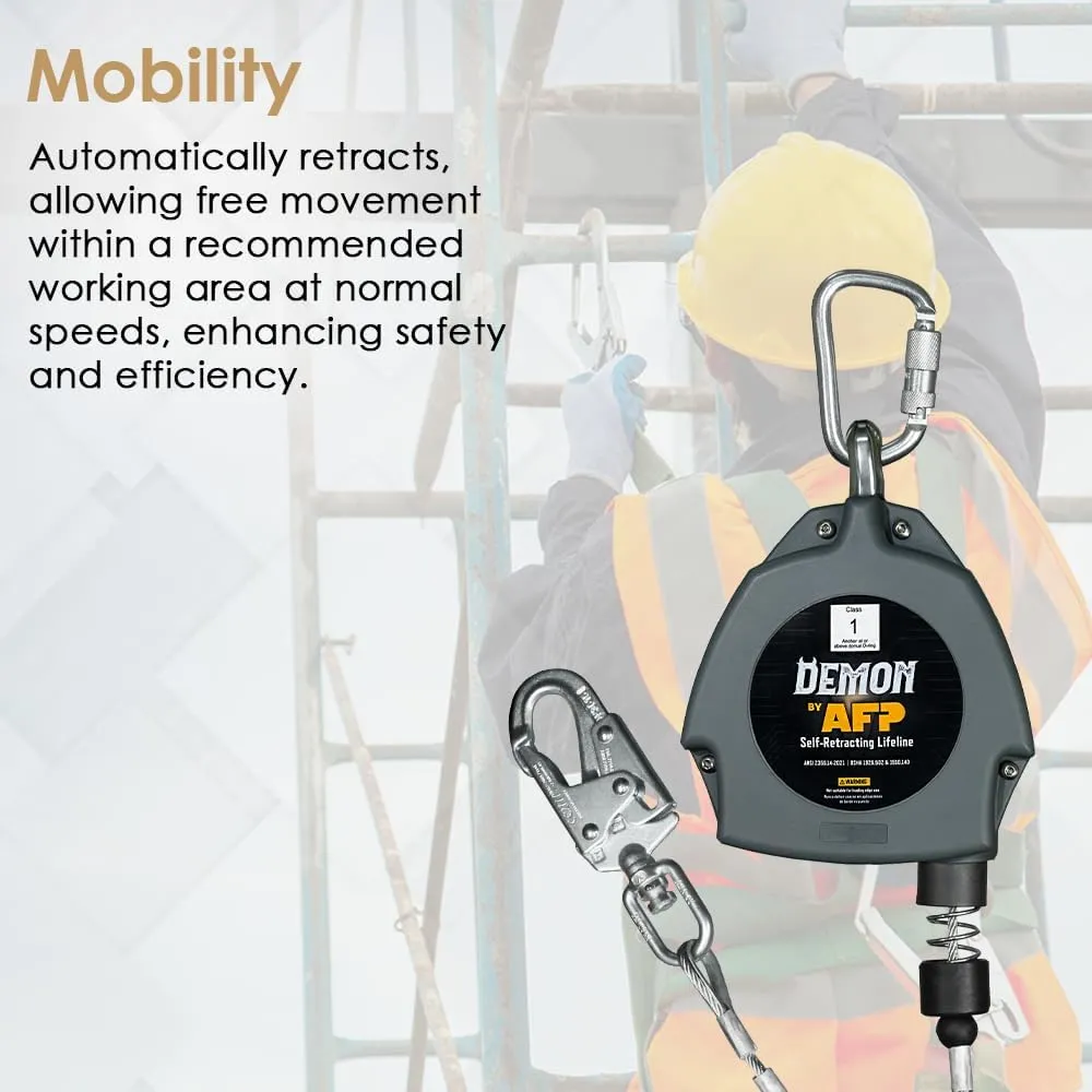 AFP Demon 20 FT Single Leg Self-Retracting Lifeline Cable Retractable | Steel Locking Snap Hook | Safety Yoyo | Fall Protection Arrest Limiter | Construction Industrial | OSHA & ANSI Rated SRL