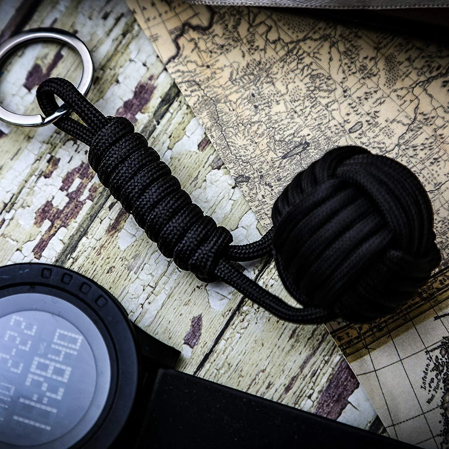 Black Monkey Fist Paracord Keychain Emergency Kit