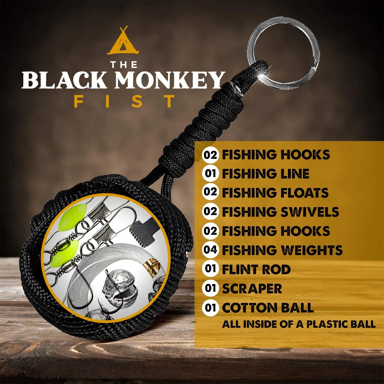 Black Monkey Fist Paracord Keychain Emergency Kit