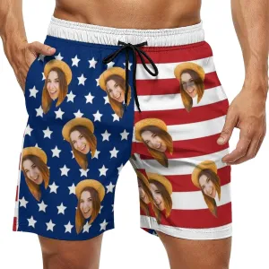 Custom Face Men's Stretch Swim Trunks Personalized with USA Flag Quick Dry Drawstring Elastic Waist Shorts Bathing Suit