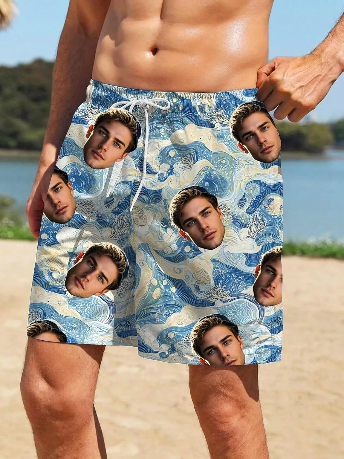 Custom Mens Swim Trunks 7" Personalized Board Shorts with Face Quick Dry Swimsuit Bathing Suit Compression Liner