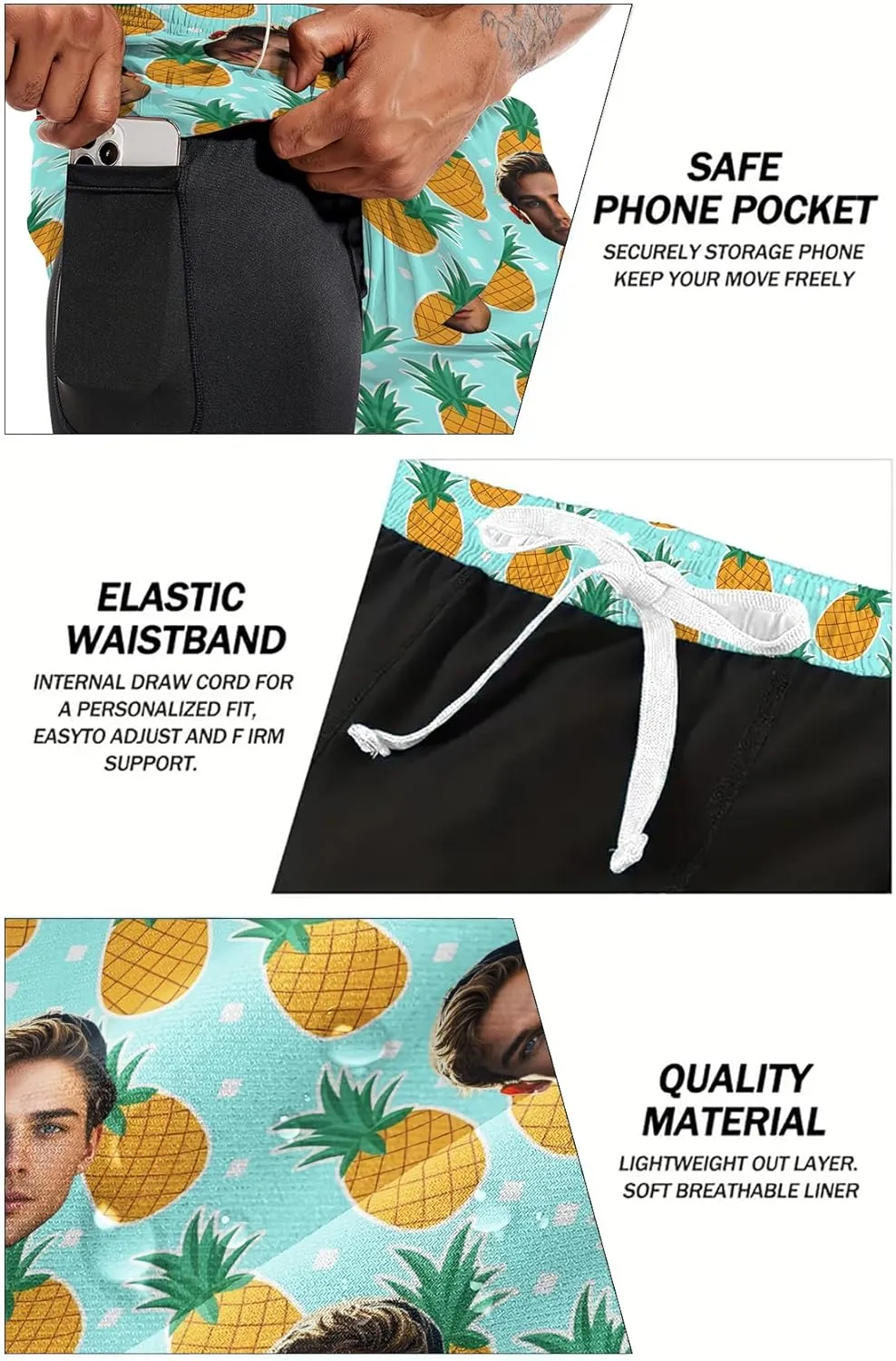 Custom Mens Swim Trunks 7" Personalized Board Shorts with Face Quick Dry Swimsuit Bathing Suit Compression Liner