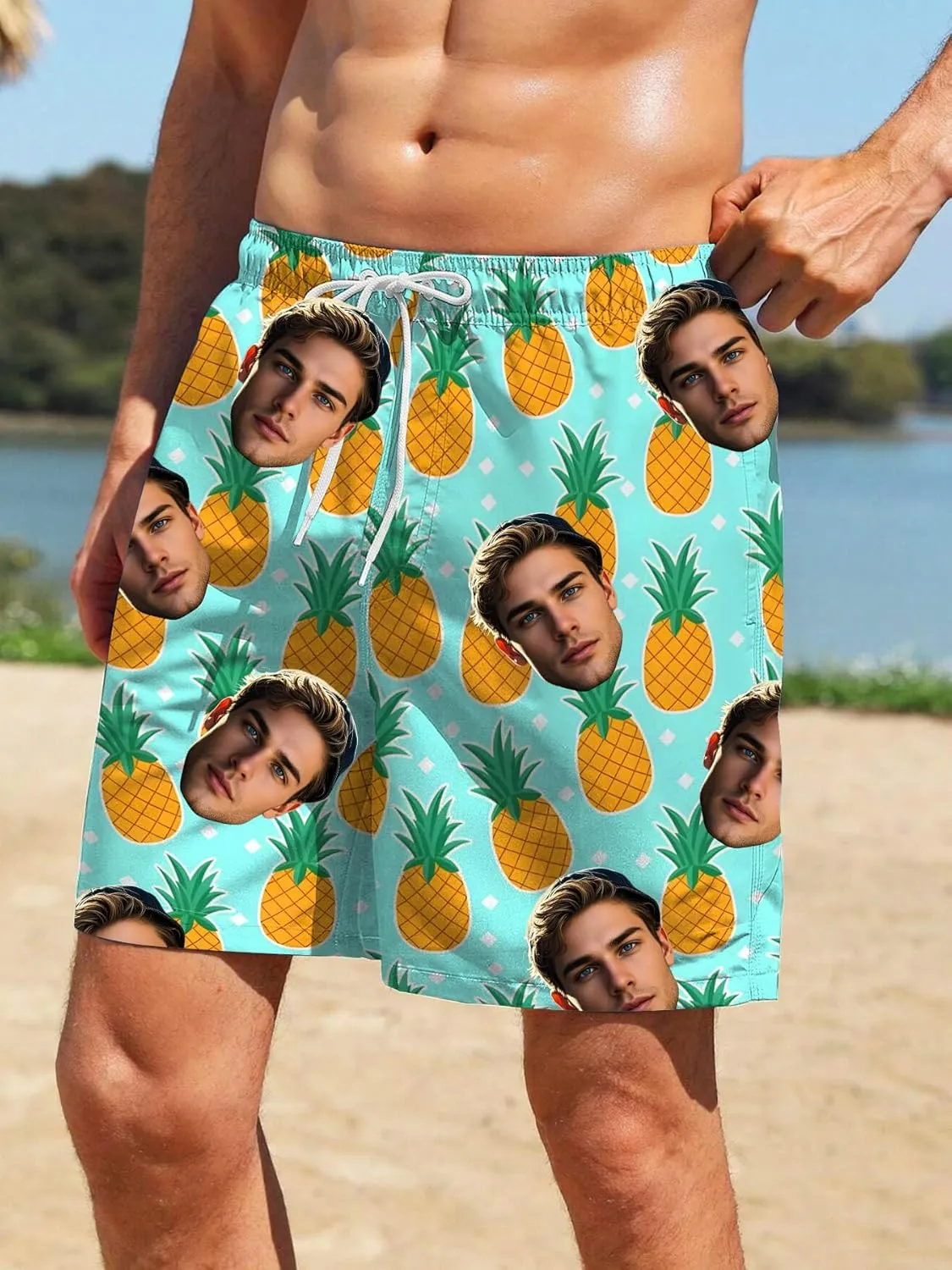 Custom Mens Swim Trunks 7" Personalized Board Shorts with Face Quick Dry Swimsuit Bathing Suit Compression Liner