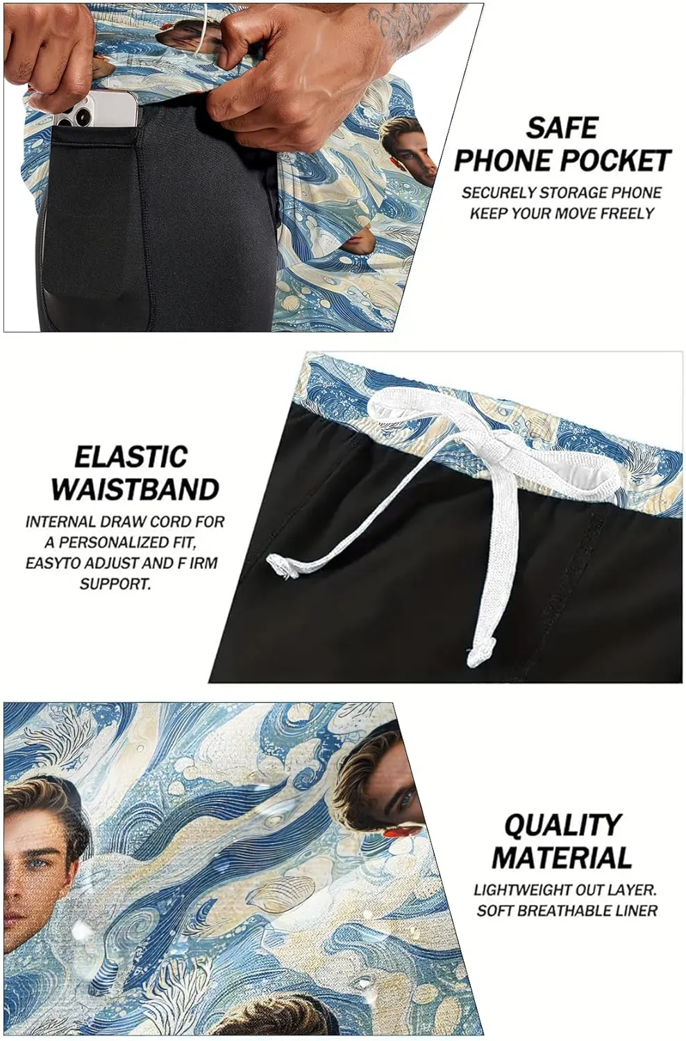 Custom Mens Swim Trunks 7" Personalized Board Shorts with Face Quick Dry Swimsuit Bathing Suit Compression Liner