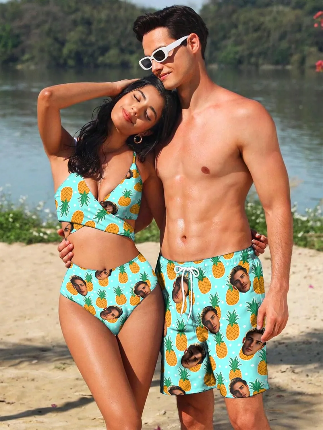 Custom Mens Swim Trunks 7" Personalized Board Shorts with Face Quick Dry Swimsuit Bathing Suit Compression Liner