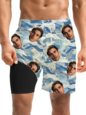Custom Mens Swim Trunks 7" Personalized Board Shorts with Face Quick Dry Swimsuit Bathing Suit Compression Liner