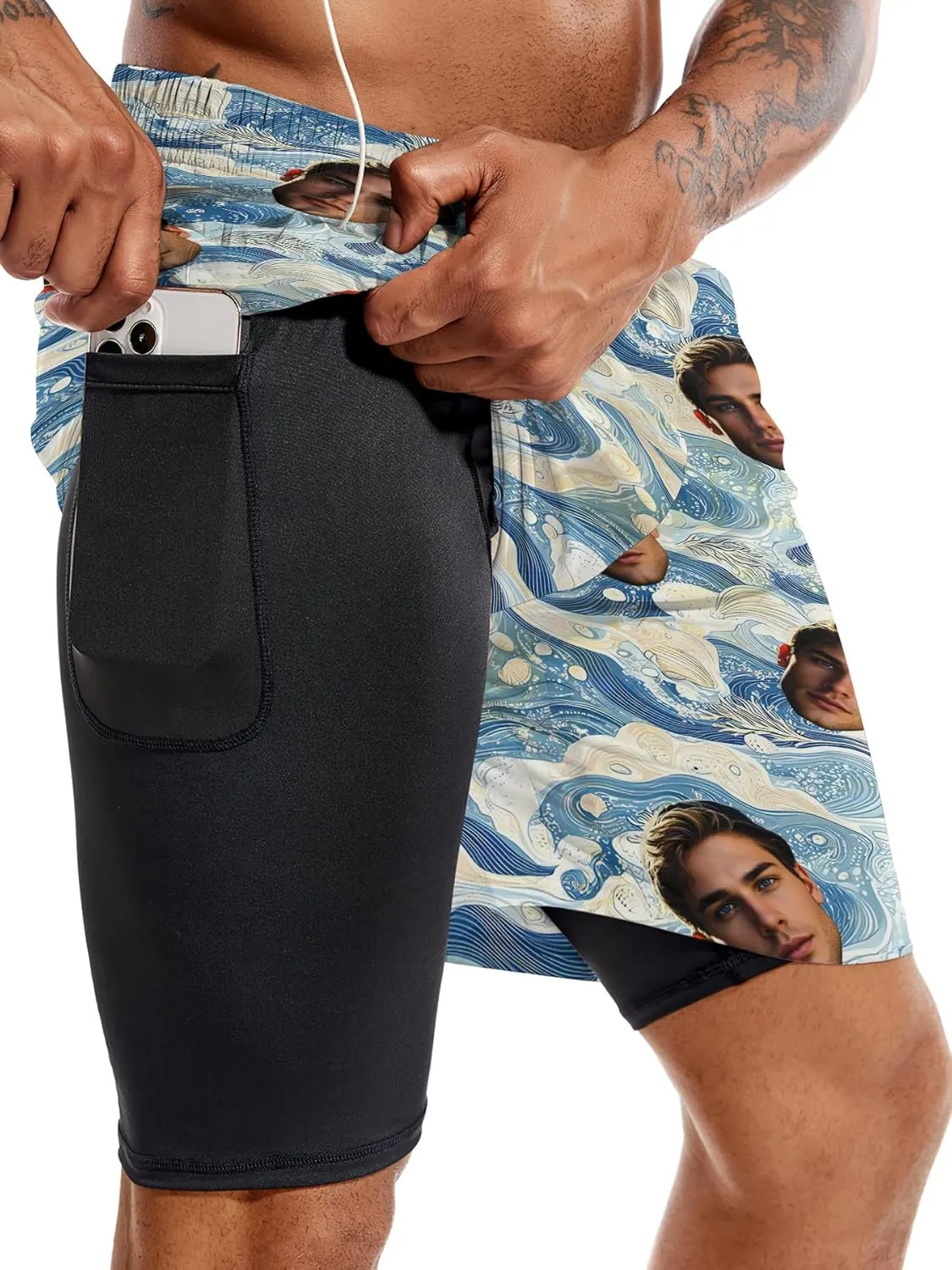 Custom Mens Swim Trunks 7" Personalized Board Shorts with Face Quick Dry Swimsuit Bathing Suit Compression Liner