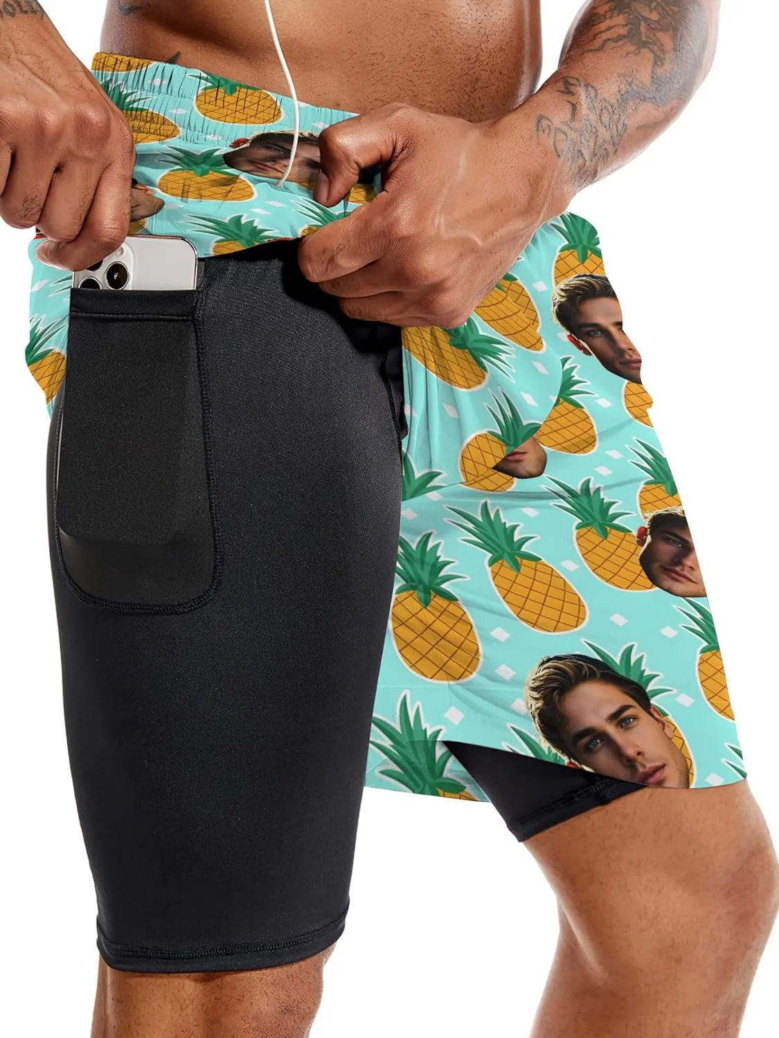 Custom Mens Swim Trunks 7" Personalized Board Shorts with Face Quick Dry Swimsuit Bathing Suit Compression Liner