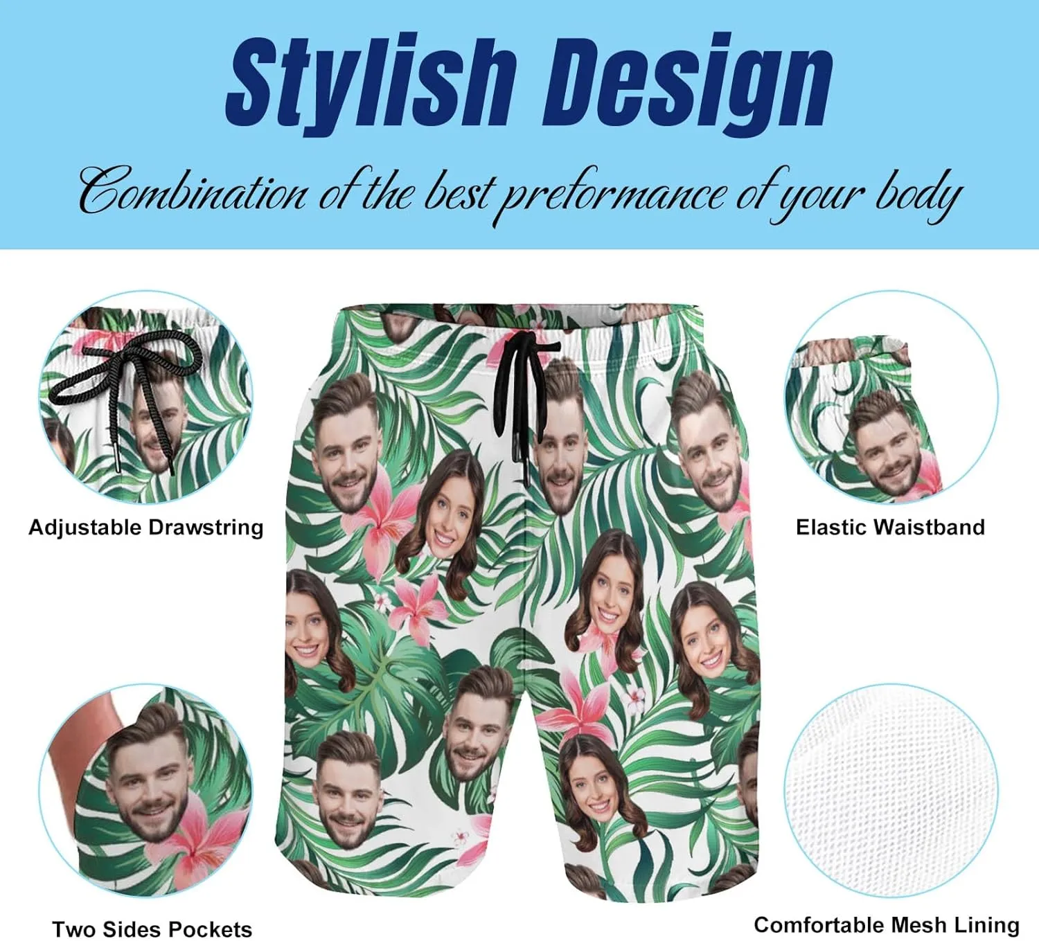 Custom Mens Swim Trunks with Faces, Personalized Hawaiian Face Beach Shorts, Customized Funny Face Swim Shorts Gifts for Men