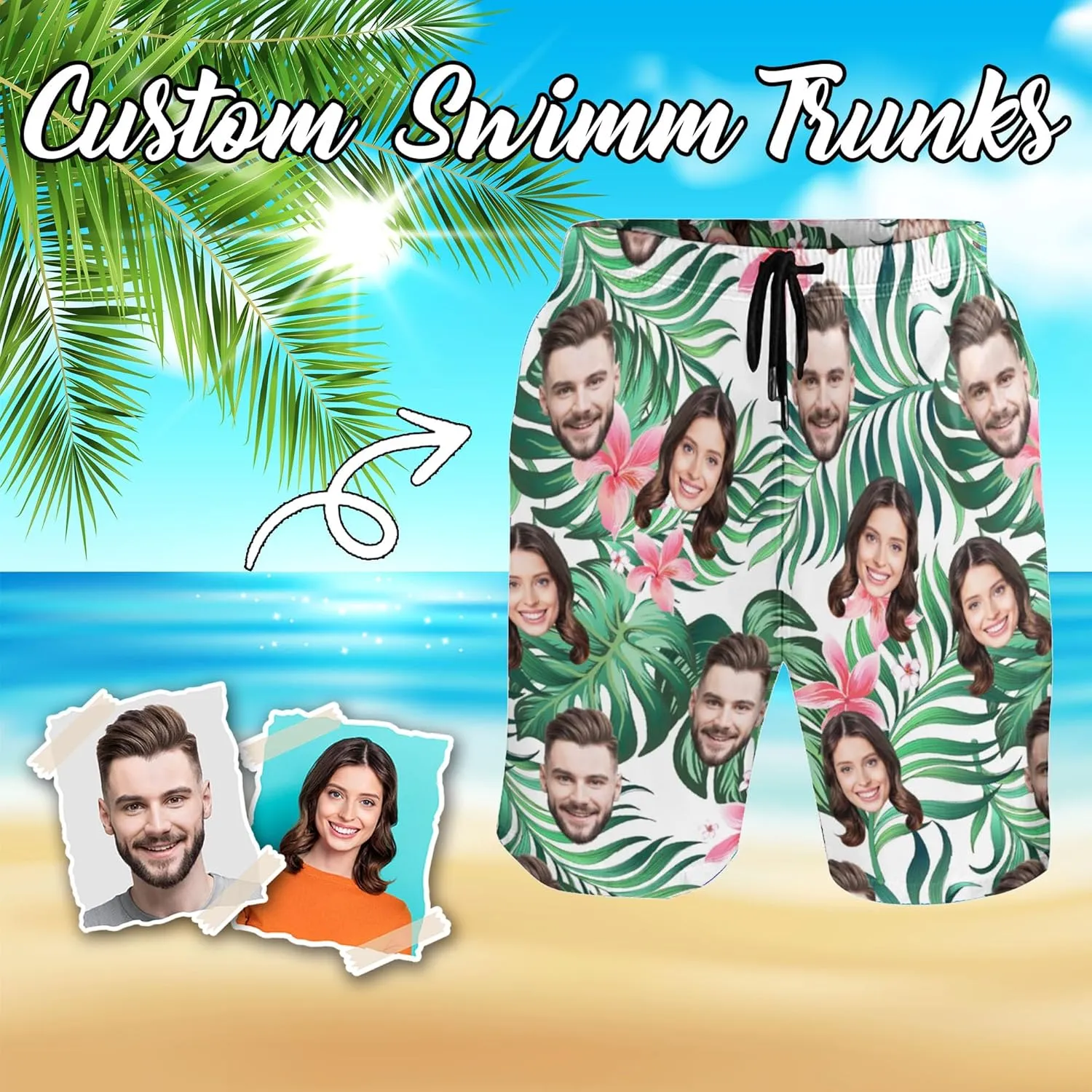 Custom Mens Swim Trunks with Faces, Personalized Hawaiian Face Beach Shorts, Customized Funny Face Swim Shorts Gifts for Men