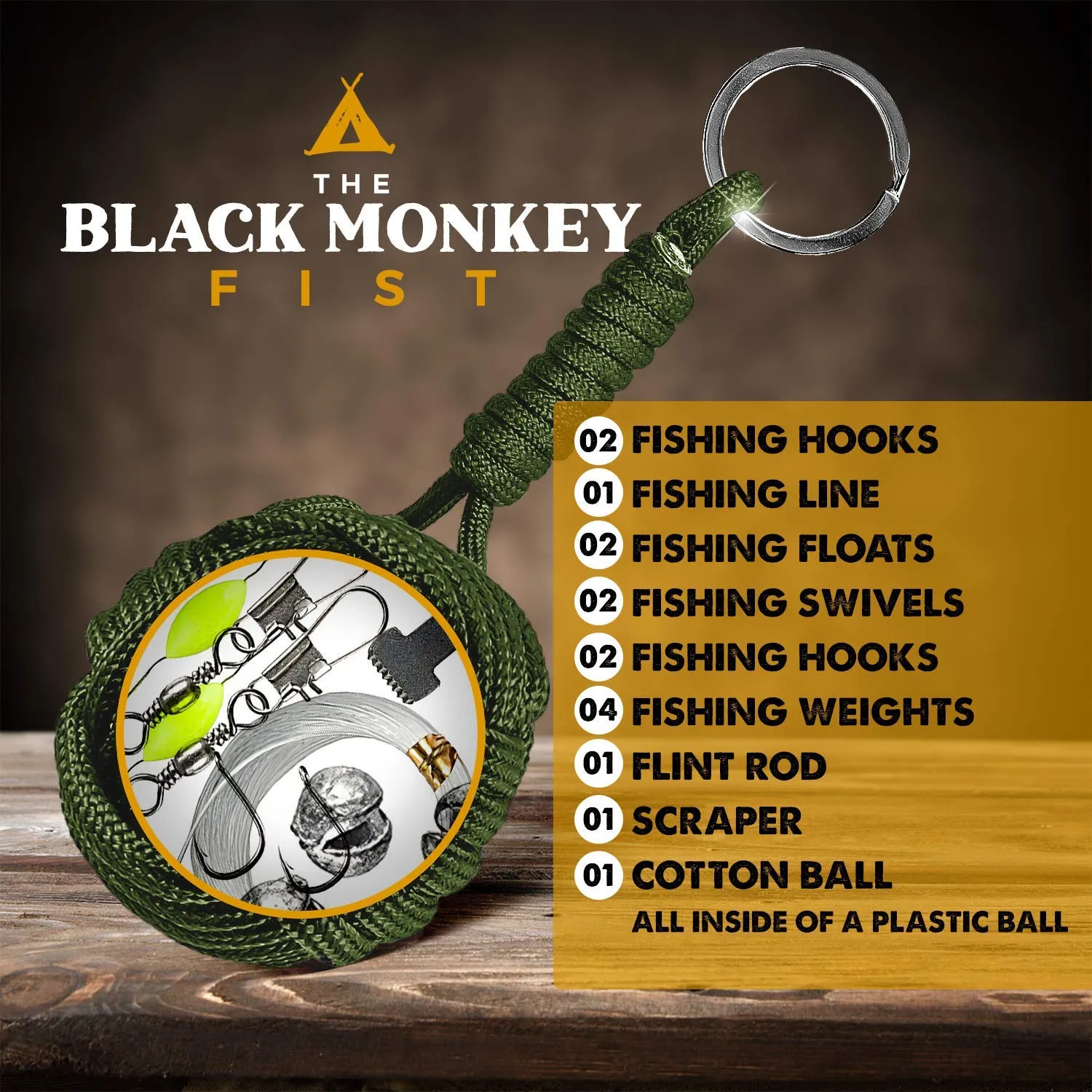 Green Monkey Fist Paracord Keychain Emergency Kit