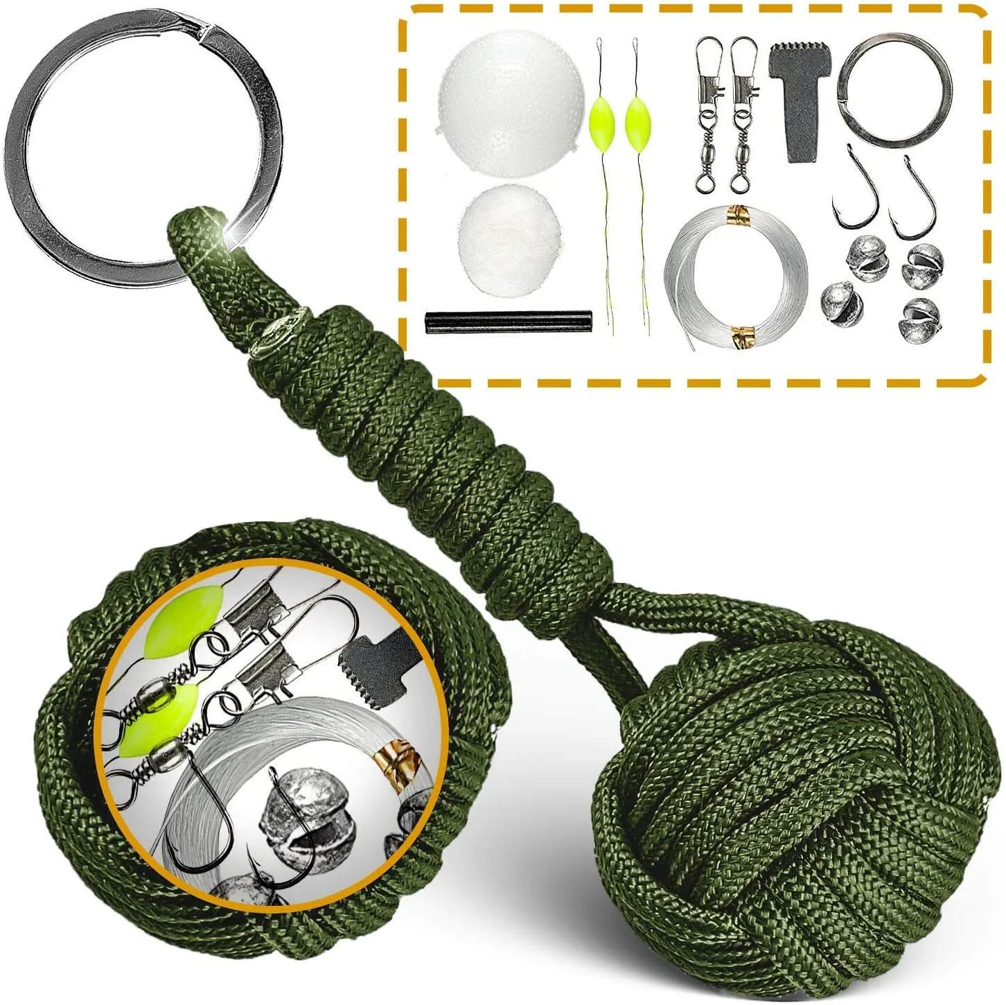 Green Monkey Fist Paracord Keychain Emergency Kit