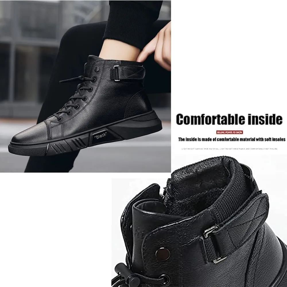 Mens Italian High-Top Leather Boots,Autumn&Winter New with Side Zipper Chukka Boots Non-Slip Softsole,Shock Absorption,Velvet