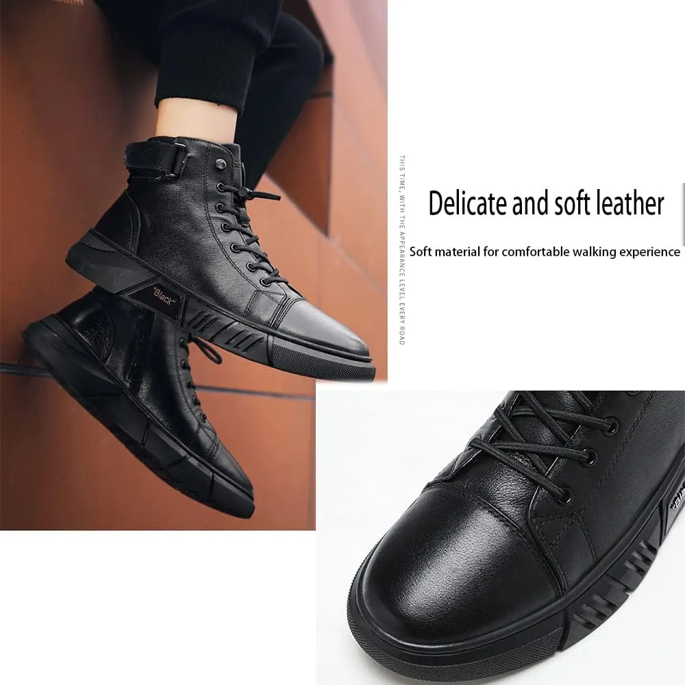 Mens Italian High-Top Leather Boots,Autumn&Winter New with Side Zipper Chukka Boots Non-Slip Softsole,Shock Absorption,Velvet