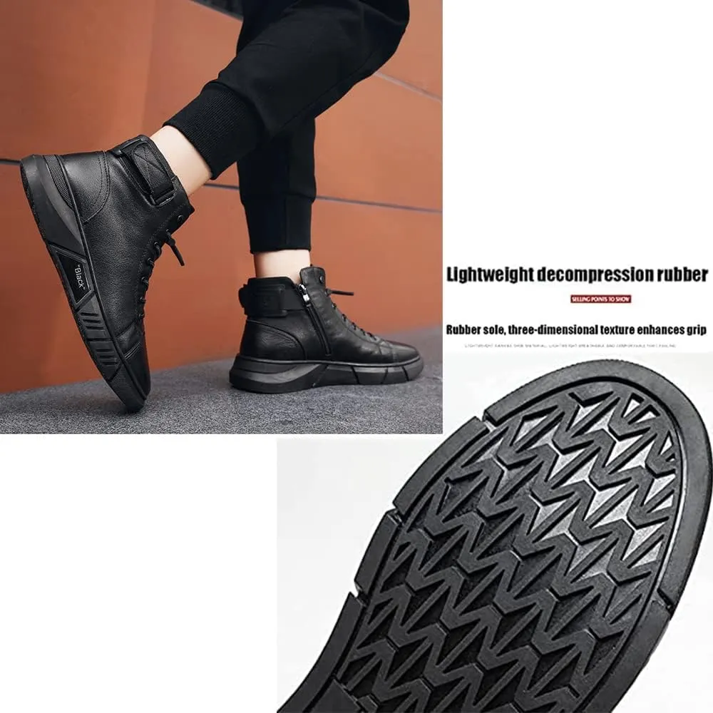 Mens Italian High-Top Leather Boots,Autumn&Winter New with Side Zipper Chukka Boots Non-Slip Softsole,Shock Absorption,Velvet