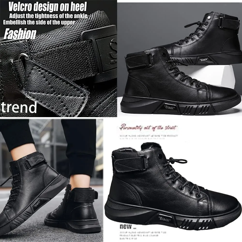 Mens Italian High-Top Leather Boots,Autumn&Winter New with Side Zipper Chukka Boots Non-Slip Softsole,Shock Absorption,Velvet