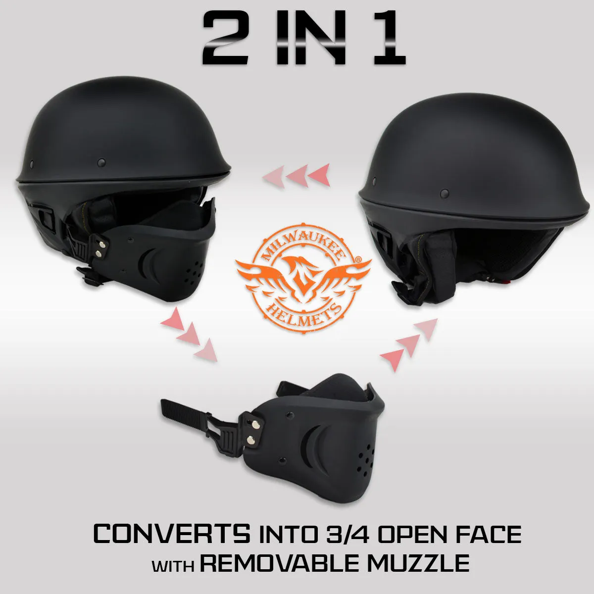 Milwaukee Helmets MPH9830DOT 'Rascal' 3/4 Open Face Flat Black 2 in 1