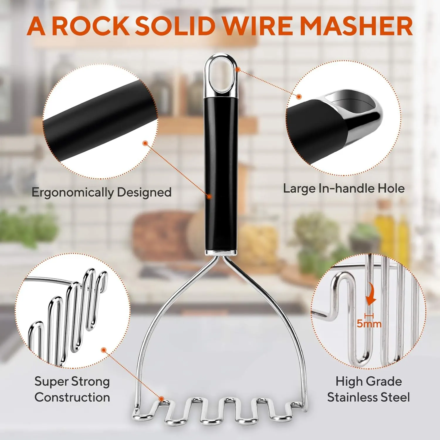 Potato Masher, Large Heavy Duty Stainless Steel Mashed Potato Masher Kitchen Tool, Professional Metal Wire Smasher for Bean, Avocado, Vegetable-10.24 inch Silver