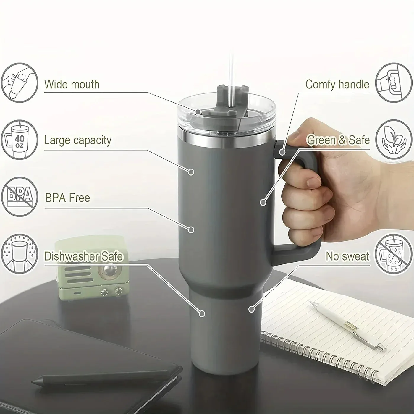 Stainless Steel Cup with Handle and Lid Straw