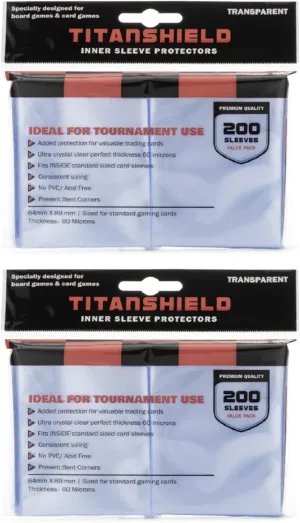 TitanShield 400 Premium 60-Microns Ultra Clear Standard Size Perfect Exact Fit Inner Card Sleeves. Perfect for Double-sleeving and Compatible with Pokemon Cards MTG Magic The Gathering Lorcana