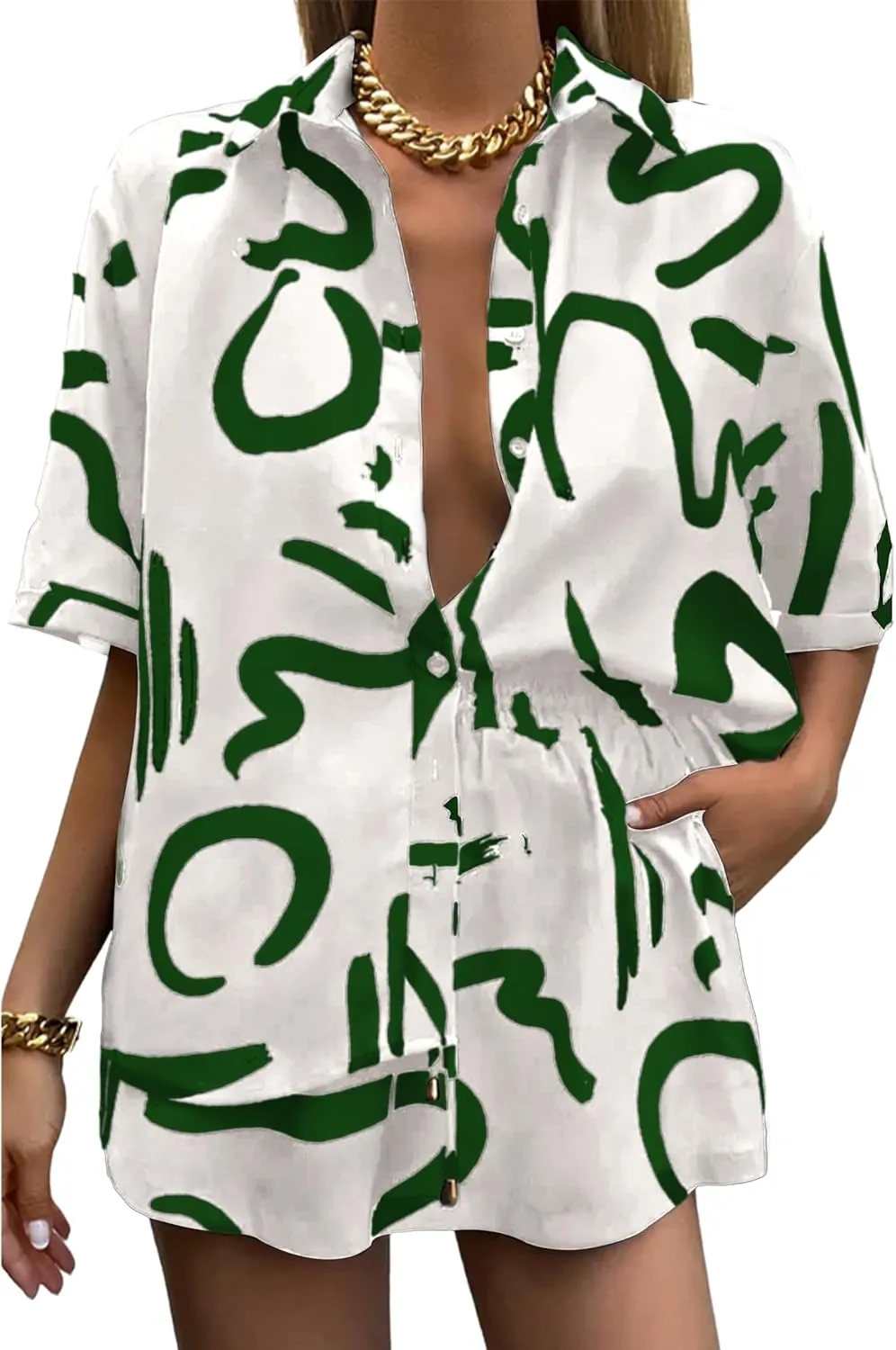 Women's 2 Piece Outfit Sets Summer Beach Casual Printed Shirts and Shorts Lounge Sets