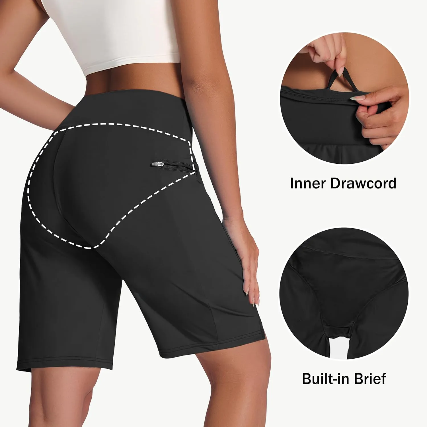 Women's 9" Long Swim Board Shorts with Zip Pockets High Waisted Knee Length Beach Swimming Shorts for Women with Liner
