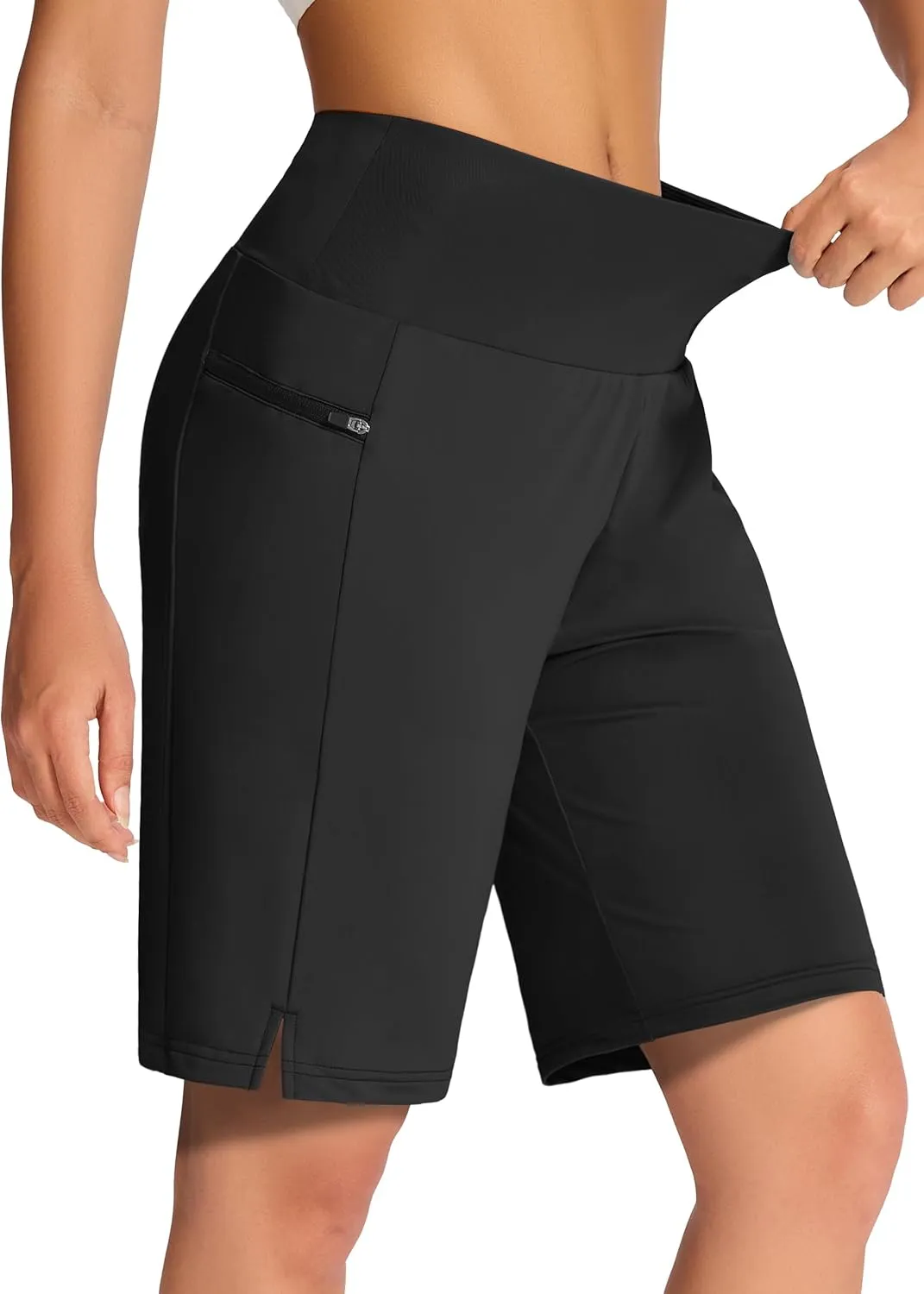 Women's 9" Long Swim Board Shorts with Zip Pockets High Waisted Knee Length Beach Swimming Shorts for Women with Liner