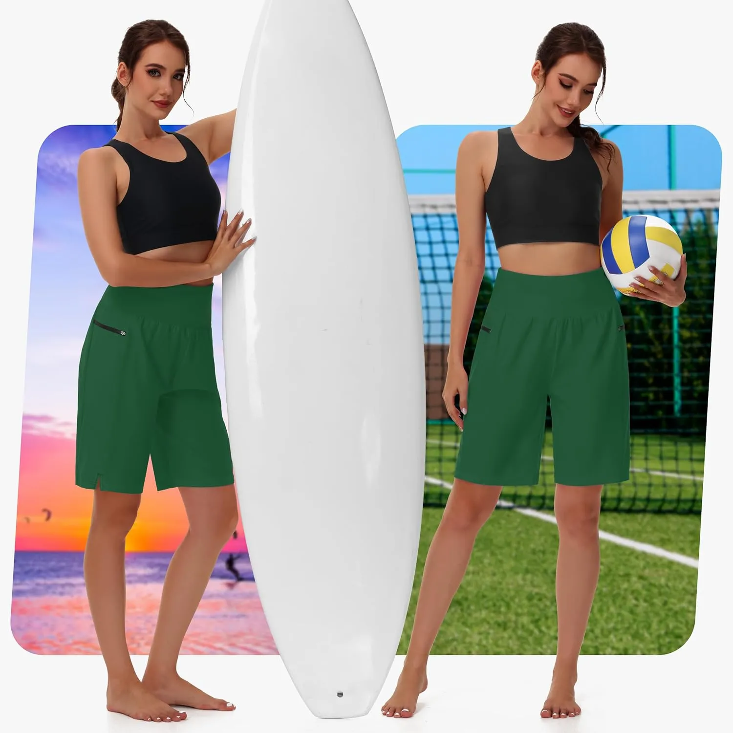 Women's 9" Long Swim Board Shorts with Zip Pockets High Waisted Knee Length Beach Swimming Shorts for Women with Liner