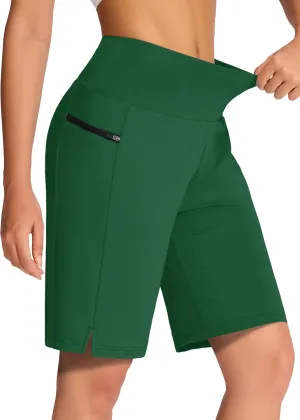 Women's 9" Long Swim Board Shorts with Zip Pockets High Waisted Knee Length Beach Swimming Shorts for Women with Liner