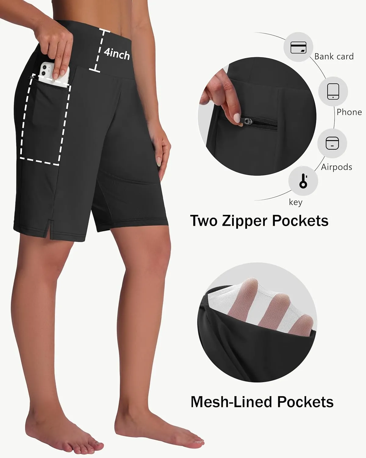 Women's 9" Long Swim Board Shorts with Zip Pockets High Waisted Knee Length Beach Swimming Shorts for Women with Liner