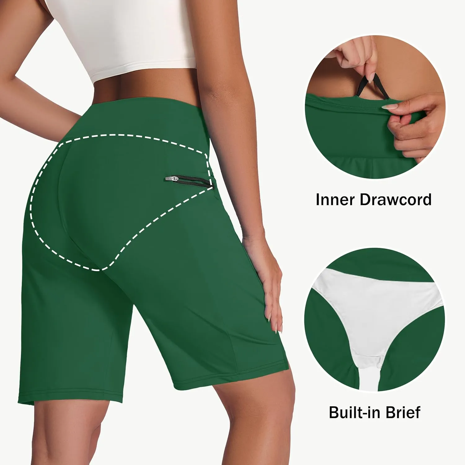 Women's 9" Long Swim Board Shorts with Zip Pockets High Waisted Knee Length Beach Swimming Shorts for Women with Liner