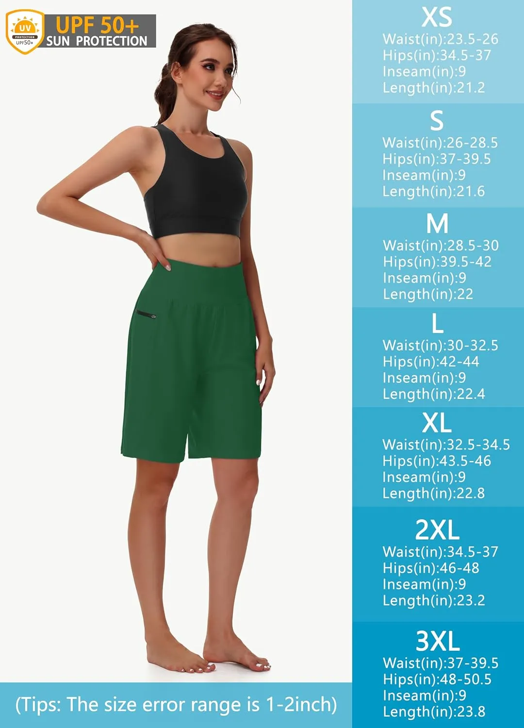 Women's 9" Long Swim Board Shorts with Zip Pockets High Waisted Knee Length Beach Swimming Shorts for Women with Liner