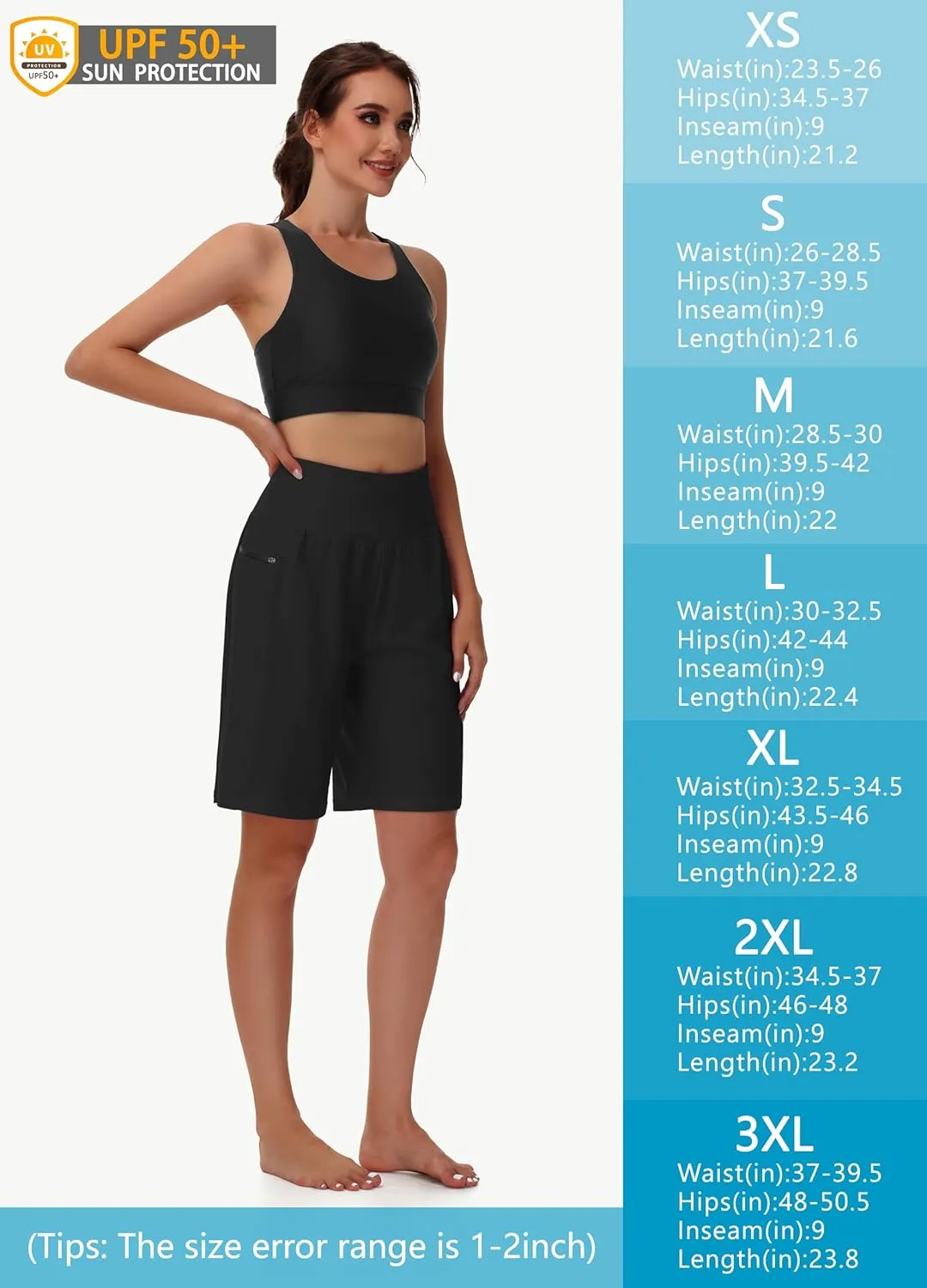Women's 9" Long Swim Board Shorts with Zip Pockets High Waisted Knee Length Beach Swimming Shorts for Women with Liner