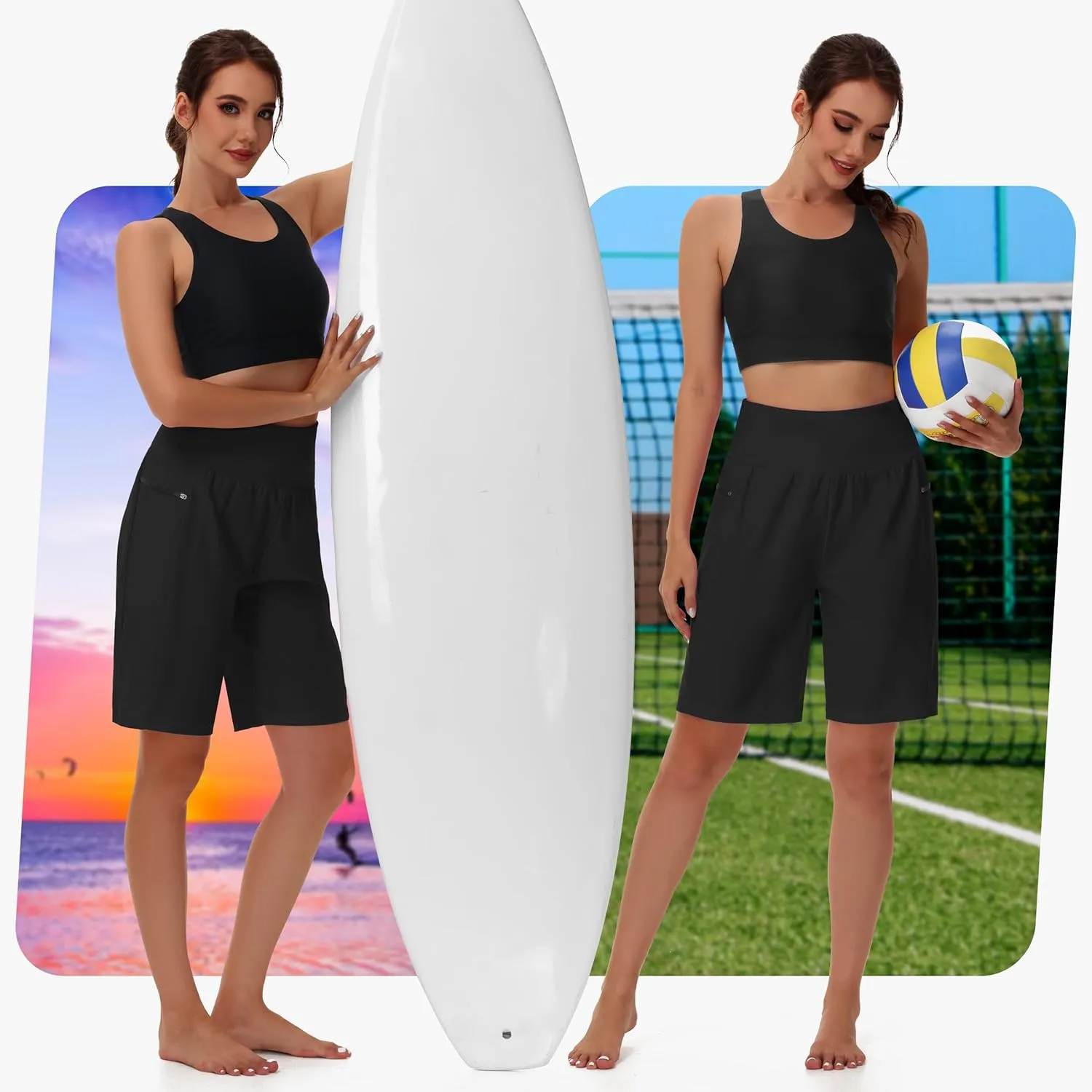 Women's 9" Long Swim Board Shorts with Zip Pockets High Waisted Knee Length Beach Swimming Shorts for Women with Liner
